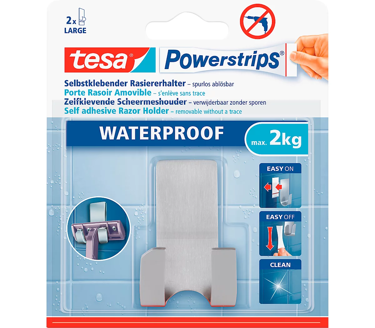 tesa Powerstrips Waterproof Haken Zoom, aus Metall, für Feuchträume, Doppelhaken