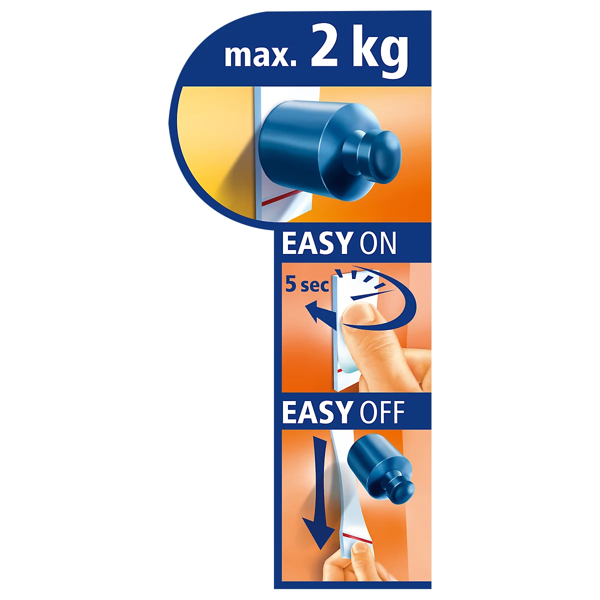 Blue adhesive hook with instructions for application, max. 2 kg load-bearing capacity, inscription EASY ON & OFF.