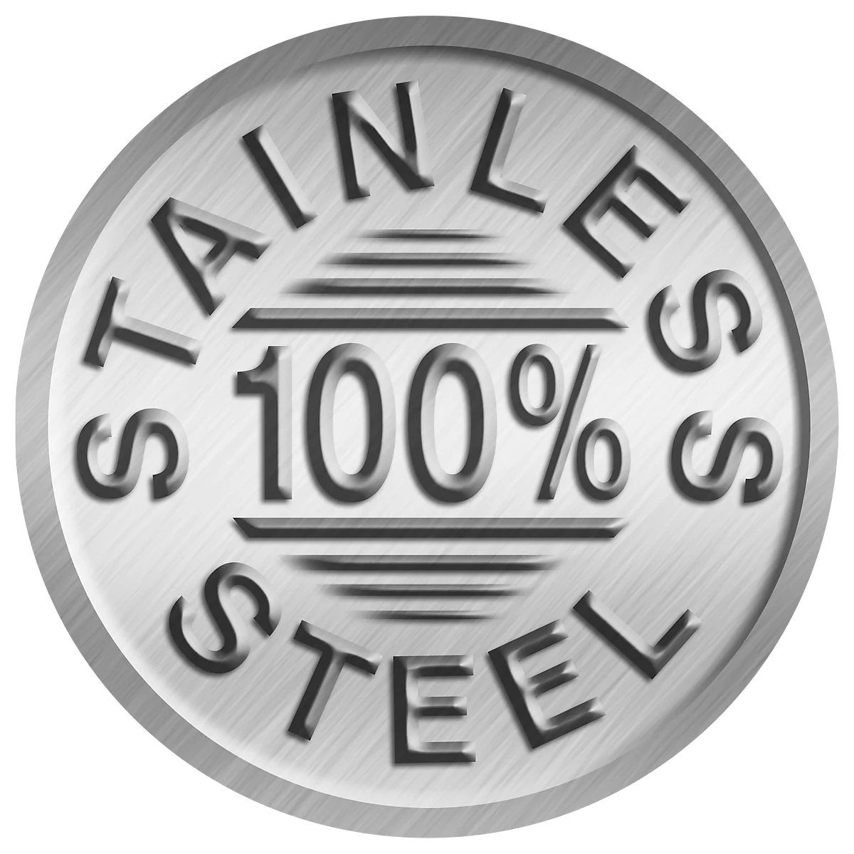 Round, silver emblem with the words "STAINLESS STEEL 100%".