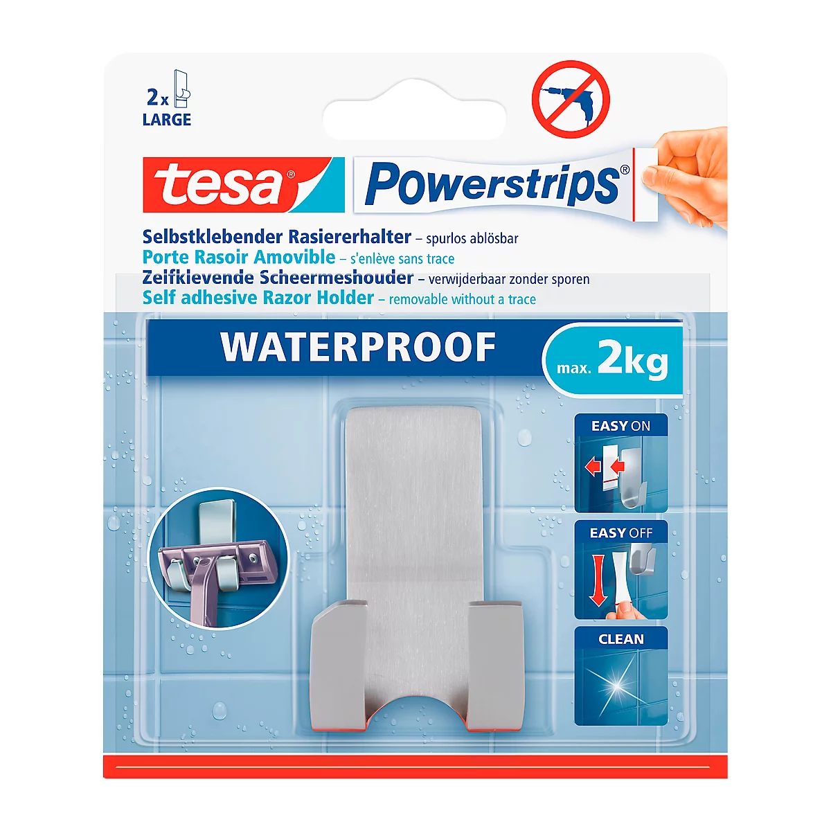 Packaging for a self-adhesive razor holder. Text: tesa Powerstrips, Waterproof, 2kg. With application examples.