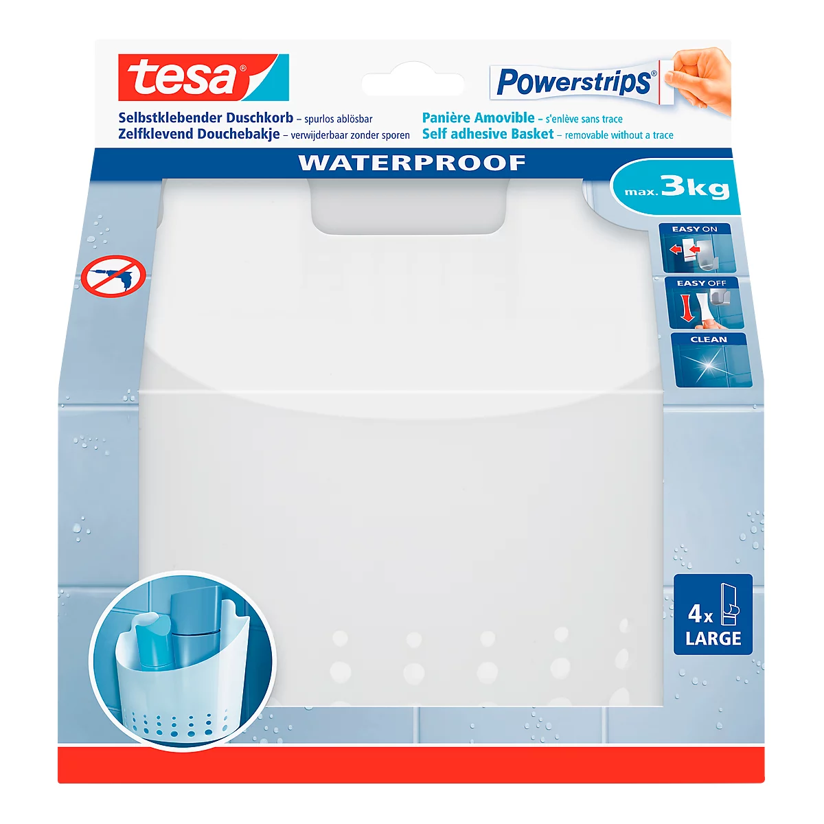 tesa Powerstrips Wave Korb groß, für Feuchträume, belastbar bis 3 kg, 1 Stück