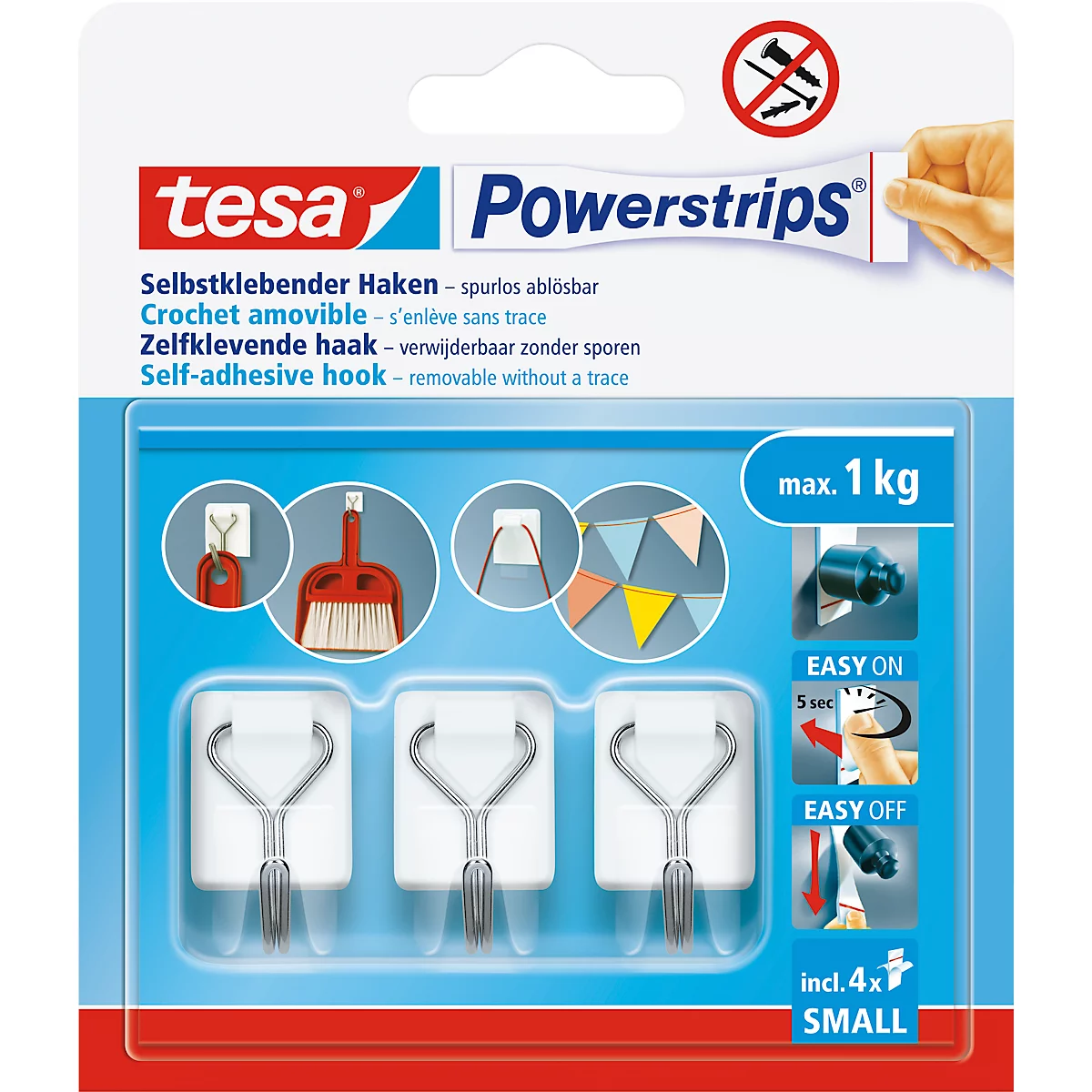 tesa® Powerstrips zelfklevende haken, zelfklevend, wit, verwijderbaar &amp; herbruikbaar, belastbaar tot 1,0 kg, 3 stuks