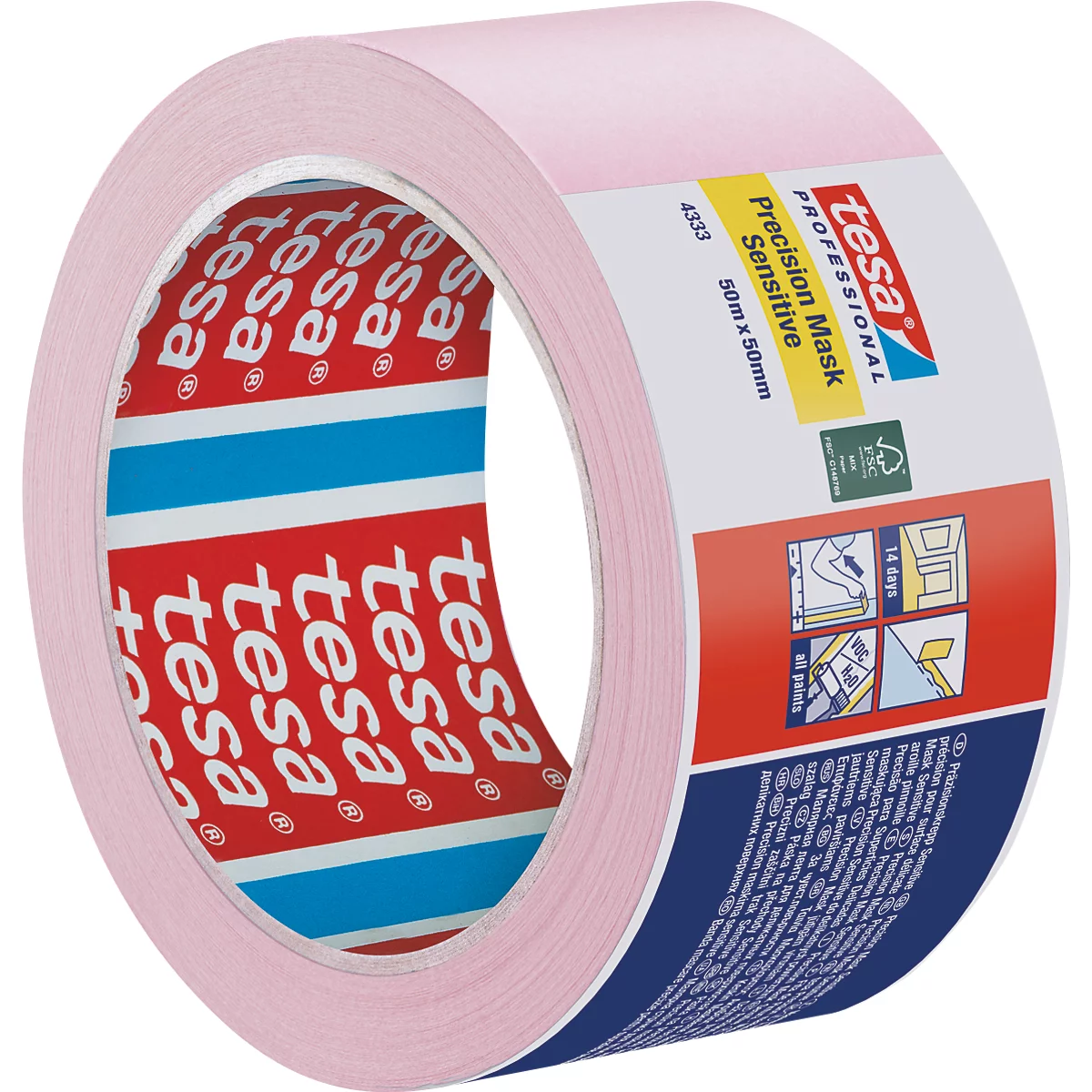 Hellrosa Malerbandrolle mit rotem, weißem und blauem Etikett mit der Aufschrift tesa und Precision Mask Sensitive.