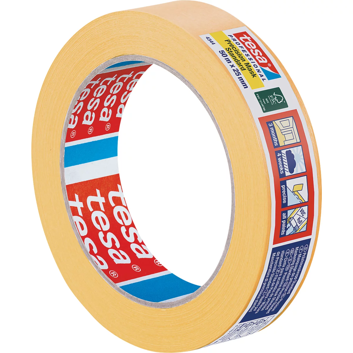 Rouleau de ruban de masquage beige de Tesa. Imprimé avec le nom du produit et ses propriétés. Le ruban est partiellement déroulé.