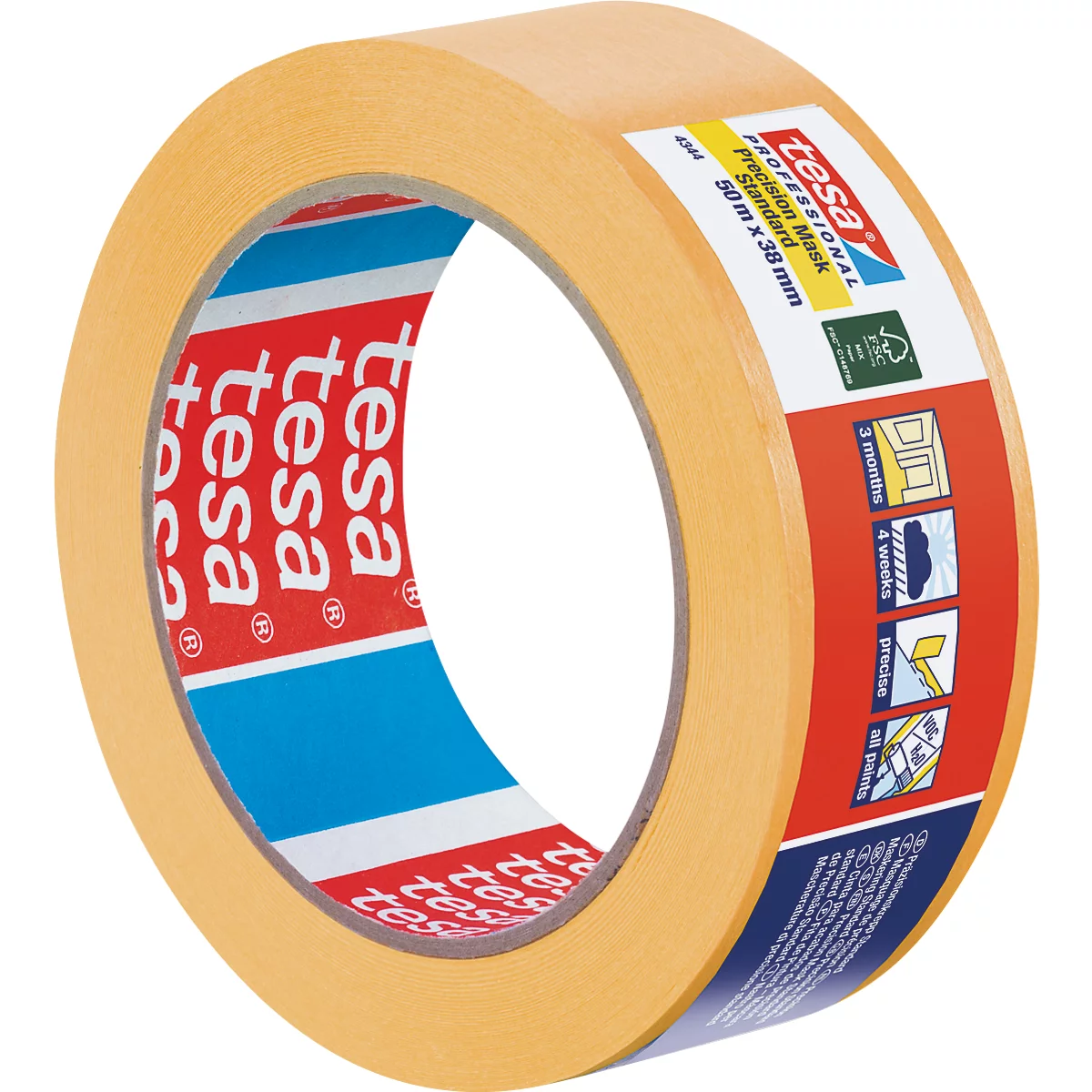 Rouleau de ruban adhésif de masquage beige tesa. Étiquette avec informations sur le produit et icônes. Le mot "tesa" est visible plusieurs fois sur le rouleau.
