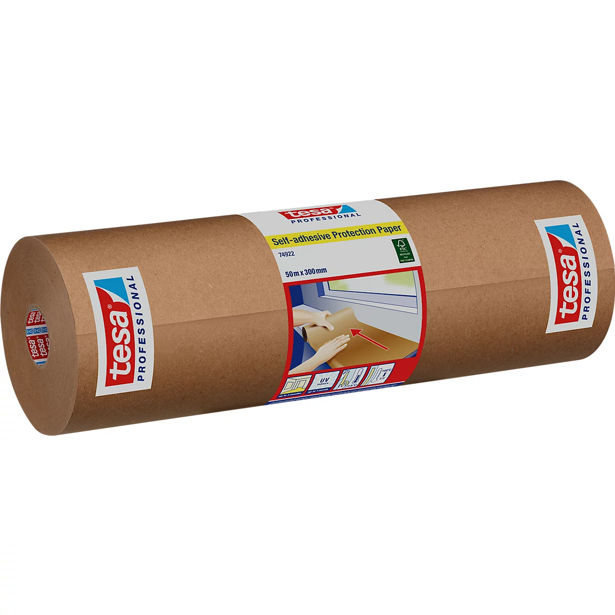 tesa PROFESSIONAL Rolle Selbstklebendes Schutzpapier. Braune Rolle, Text und Anwendungsbeispiel.