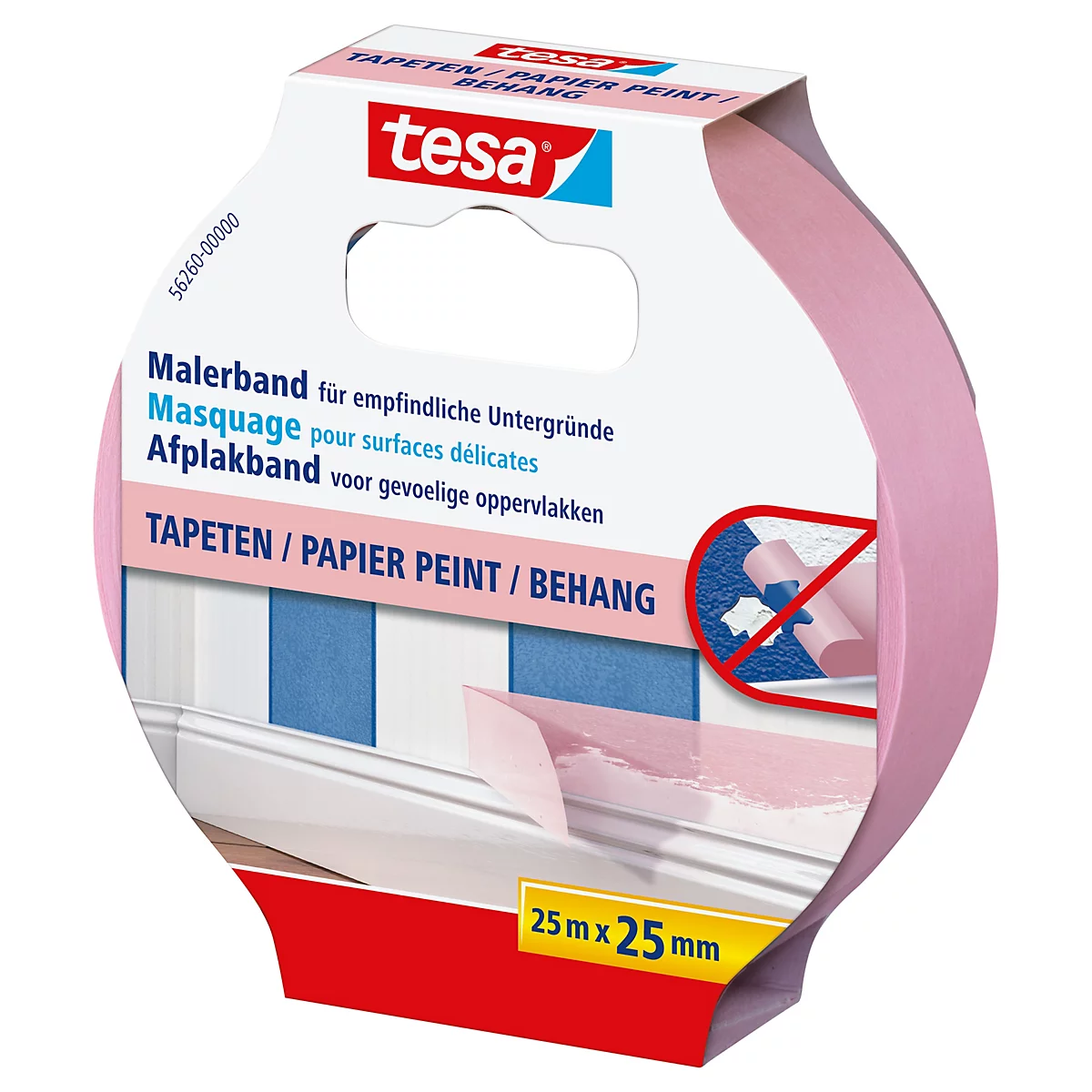 Rosa Tesa Malerbandrolle mit Produktinformationen. Tapetenmotiv mit „25m x 25mm“.
