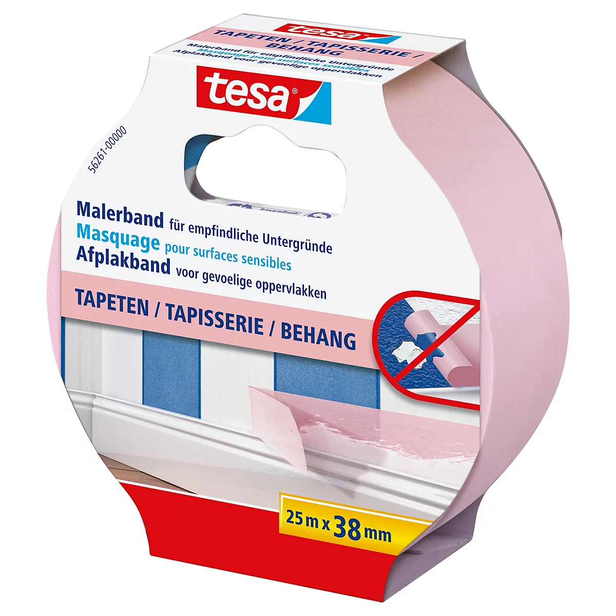 Ruban de masquage rose de Tesa, emballé. Imprimé : Ruban de masquage pour surfaces sensibles, 25m x 38mm. L'application sur le papier peint est illustrée.
