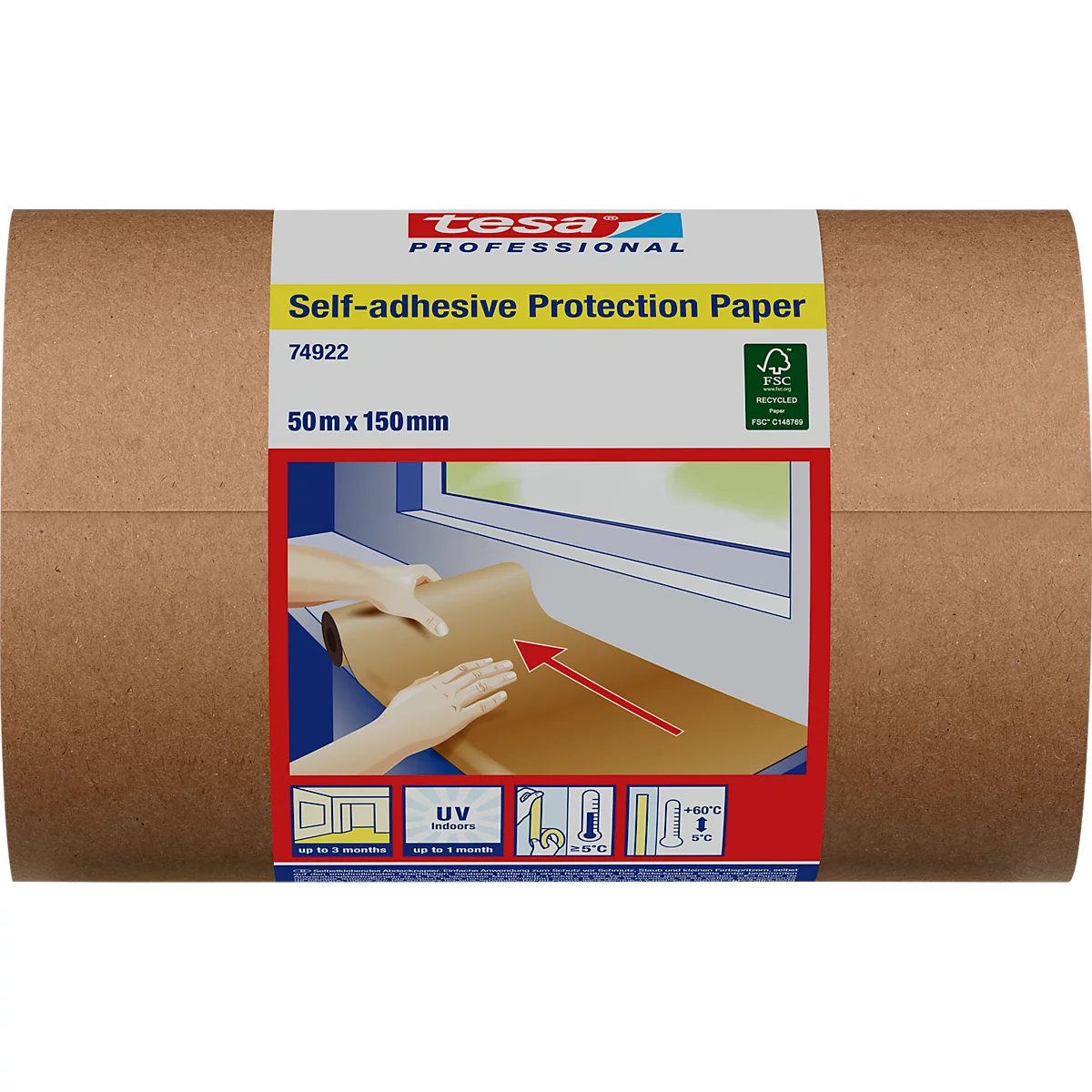 Rol zelfklevend beschermpapier. Productnaam, afmetingen en illustratie: papier wordt op vensterbank aangebracht.