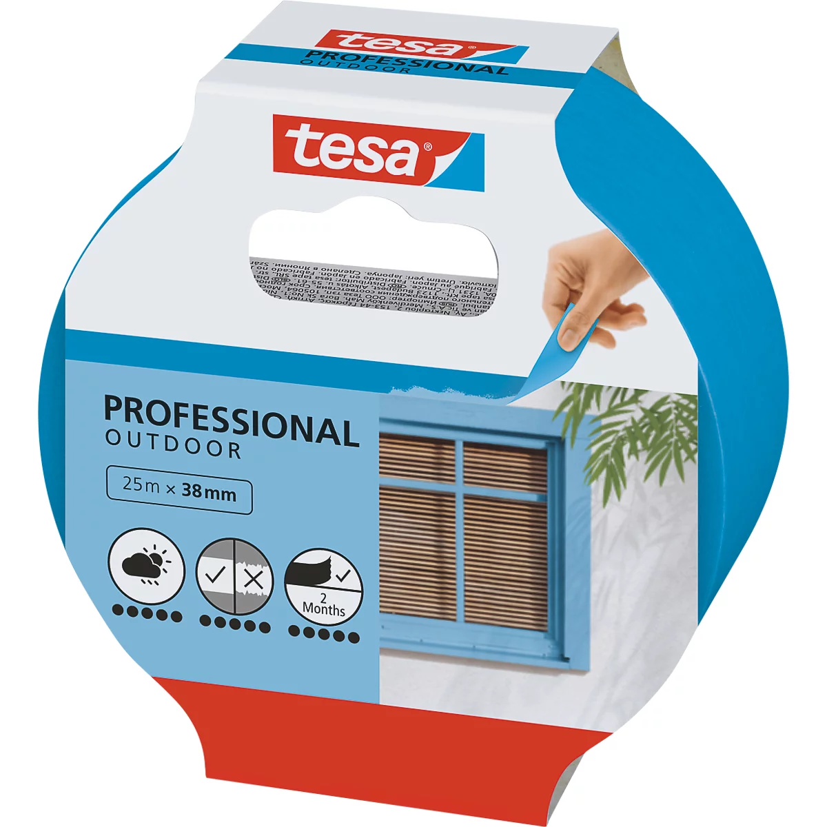 Blaues tesafilm PRO-Tape, zeigt eine Hand beim Abziehen. Im Hintergrund ein Fenster mit Jalousien, im Test zeigt es eine Wetterfestigkeit.