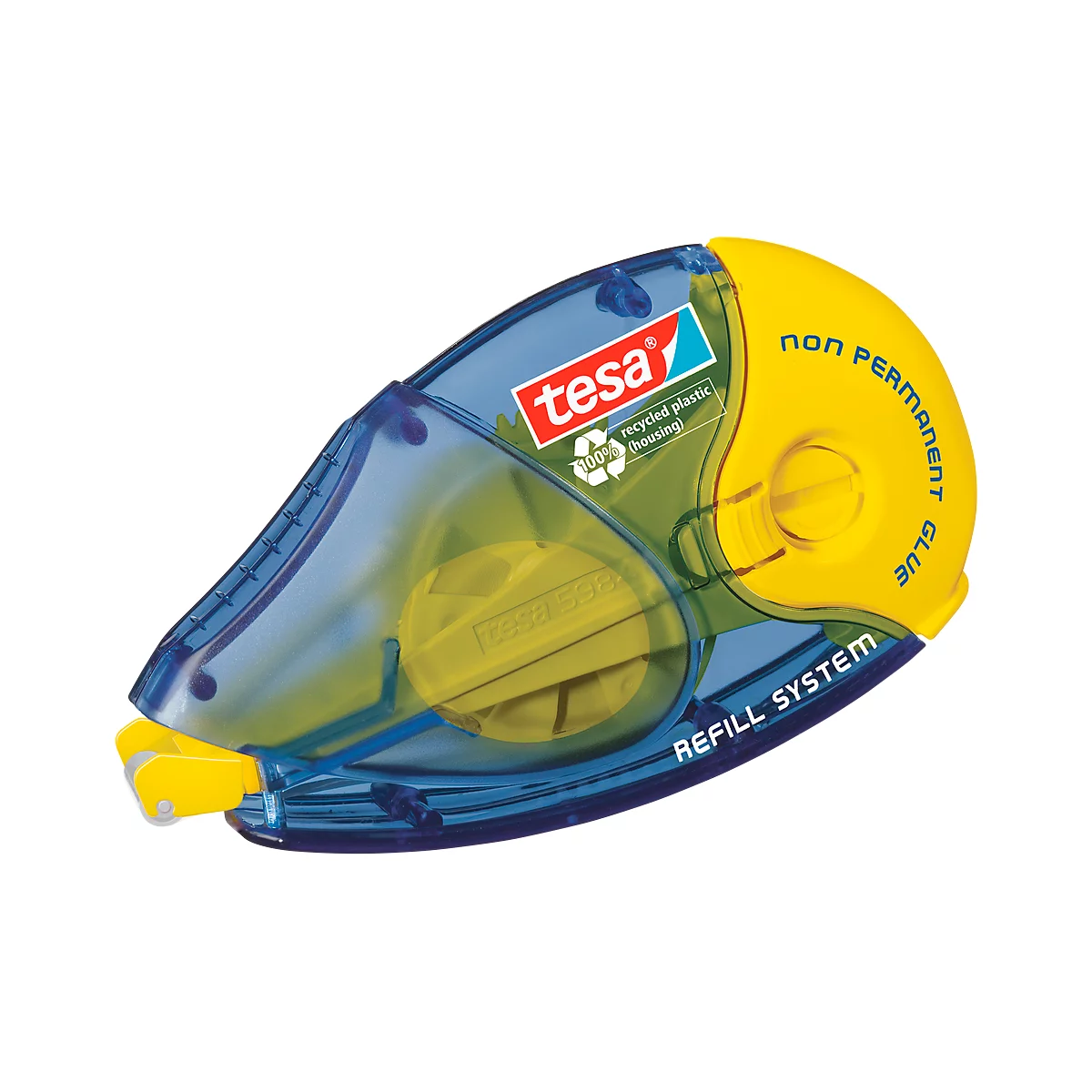 Blue and yellow tesa glue roller with text "non permanent glue" and "refill system". The housing is made of recycled plastic.