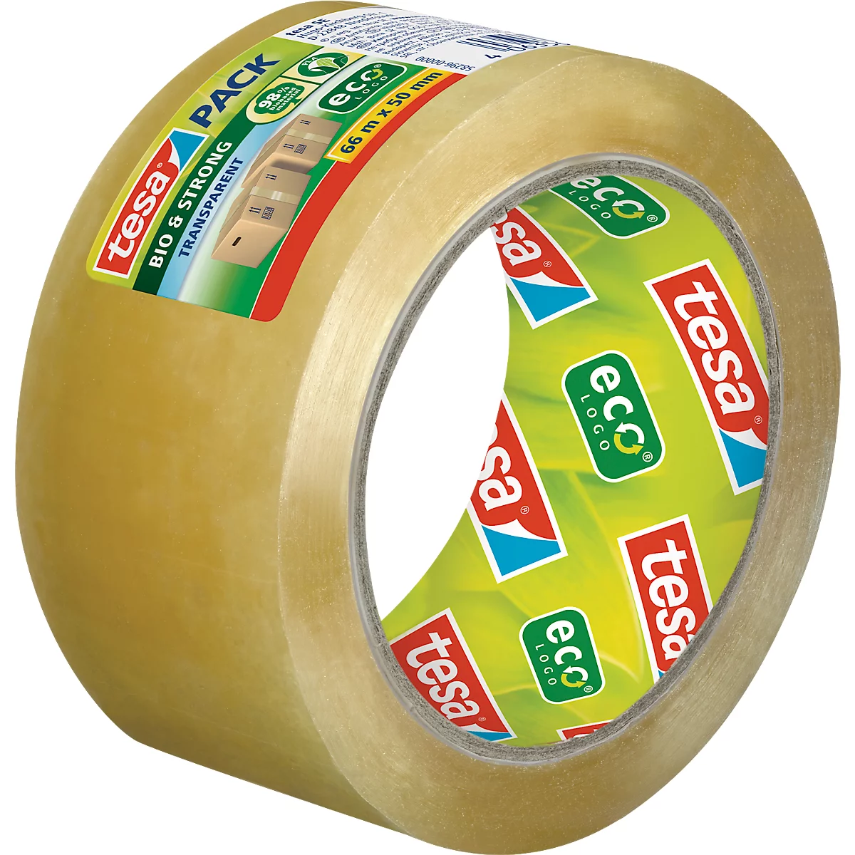 tesa® Ruban d'emballage Bio &amp; Strong, robuste, résistant à la déchirure, sans solvant, caoutchouc naturel, 1 rouleau de L 66 m x l 50 mm, transparent