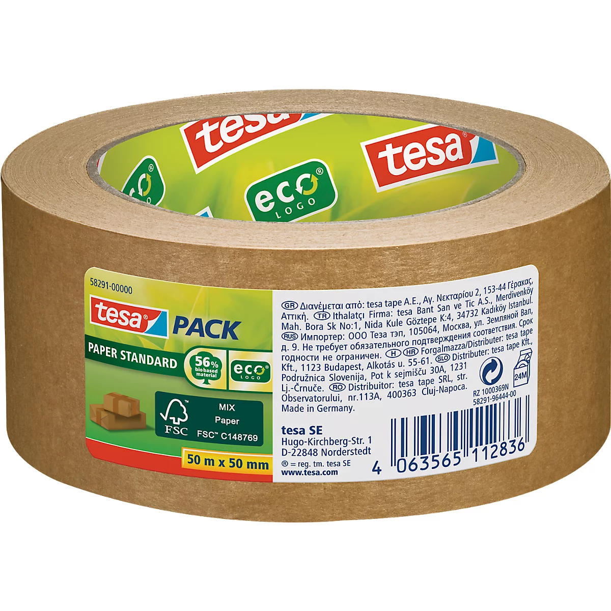 tesa® Ruban d'emballage Paper Standard ecoLogo, robuste, 1 rouleau de L 50 m x l 50 mm, papier FSC® &amp; caoutchouc naturel, marron