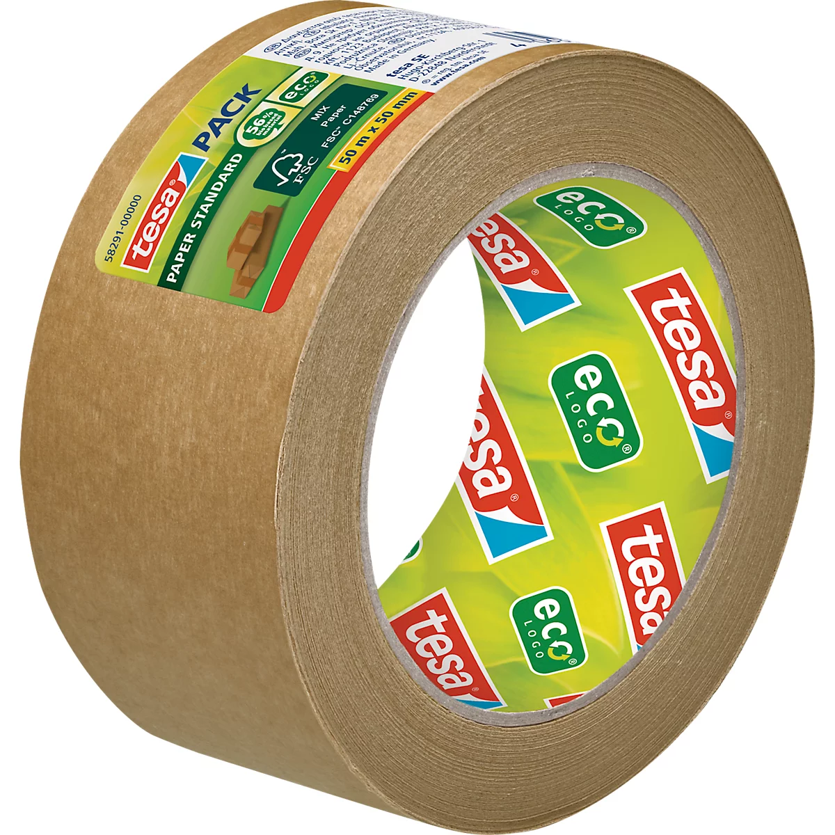 tesa® Ruban d'emballage Paper Standard ecoLogo, robuste, 1 rouleau de L 50 m x l 50 mm, papier FSC® &amp; caoutchouc naturel, marron