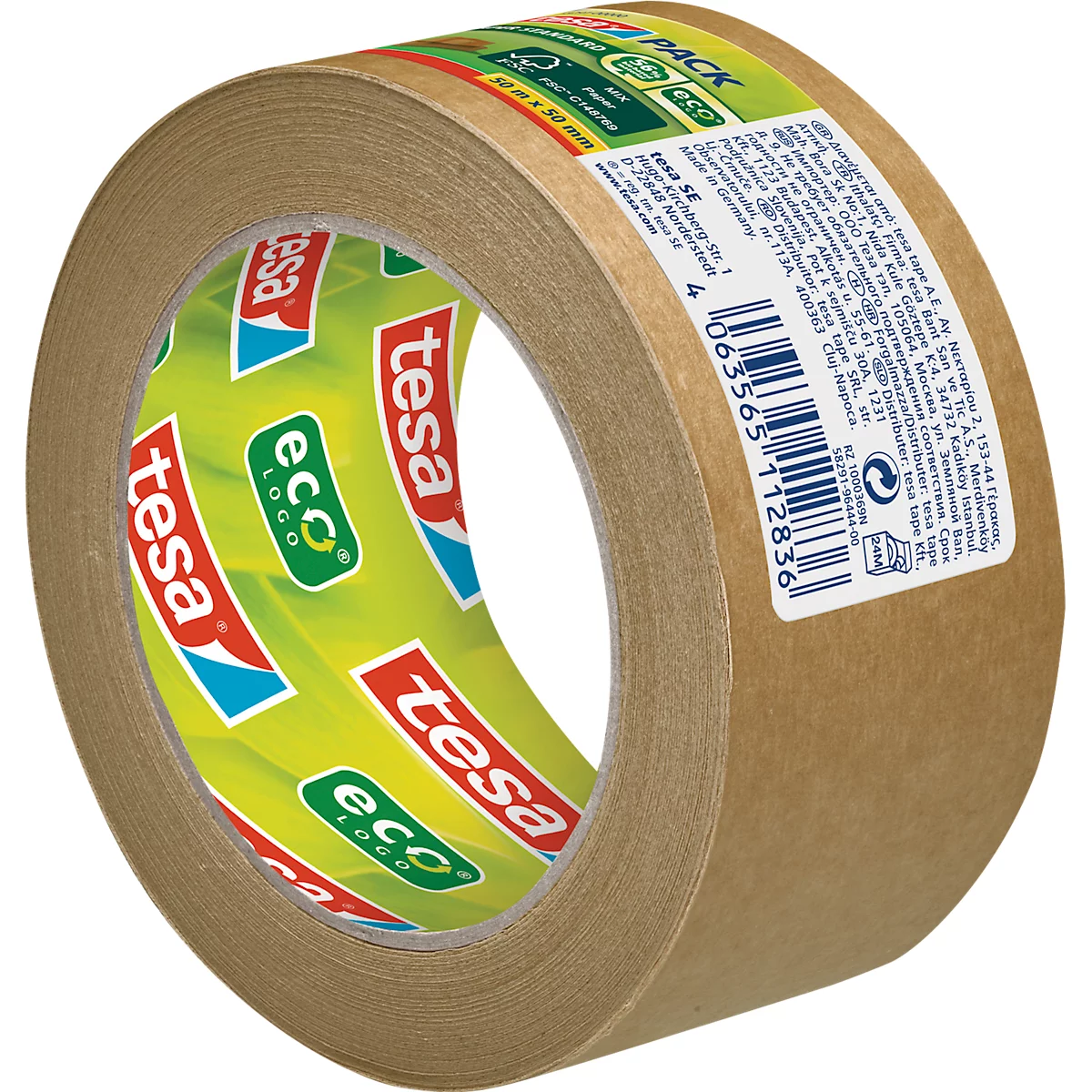 tesa® Ruban d'emballage Paper Standard ecoLogo, robuste, 1 rouleau de L 50 m x l 50 mm, papier FSC® &amp; caoutchouc naturel, marron