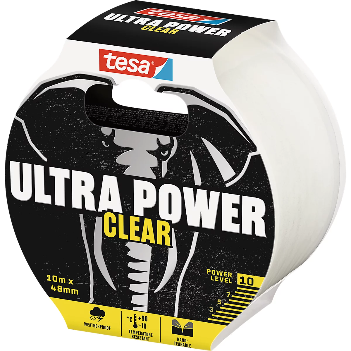 tesa® Ruban de montage Ultra Power Clear, robuste, résistant à la température/à l'eau/aux UV, déchirable à la main, 1 rouleau de L 10 m x l 48 mm, transparent