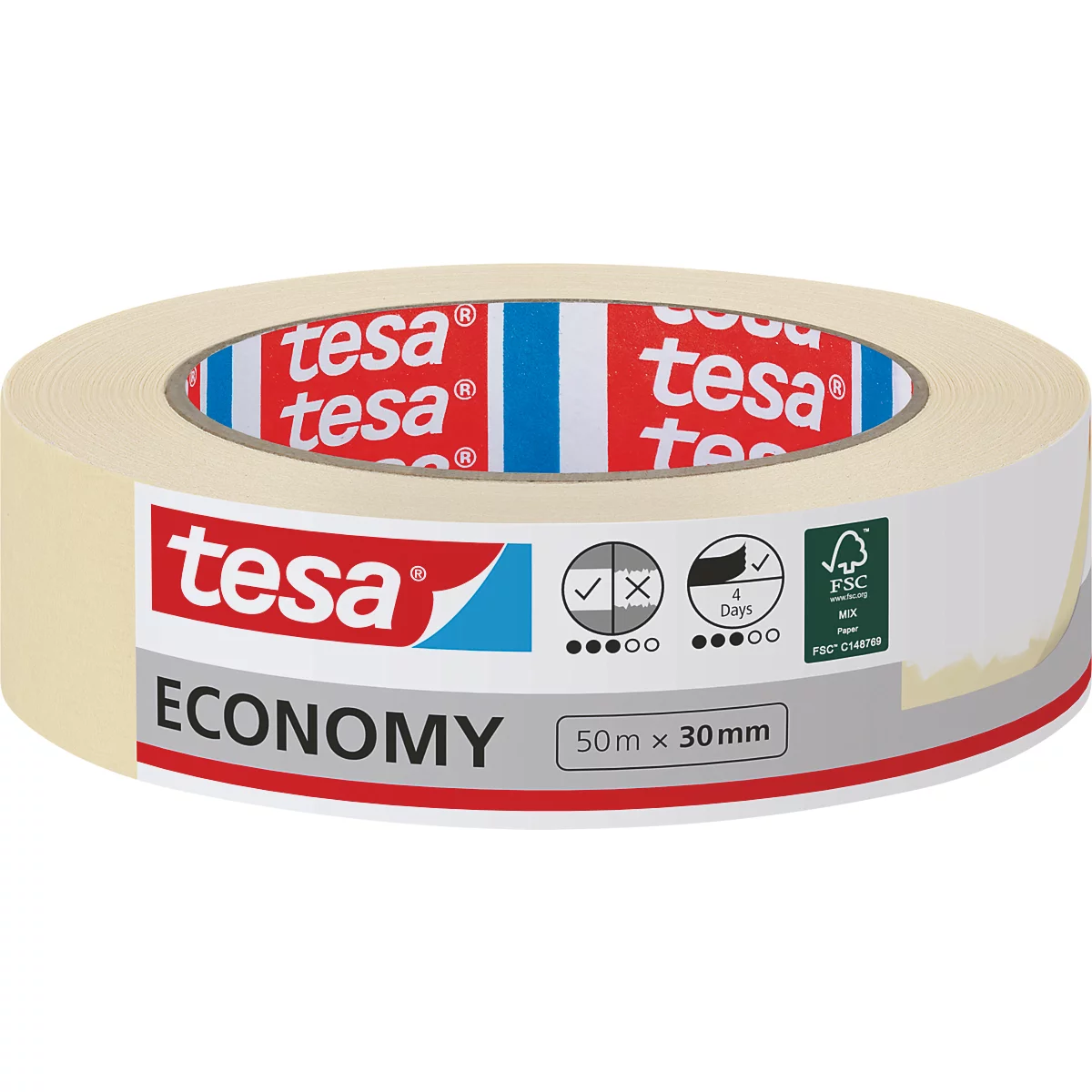 Close-up van een rol tesa Economy afplaktape. De rol toont het Tesa-logo en andere informatie zoals de maat en certificeringen.