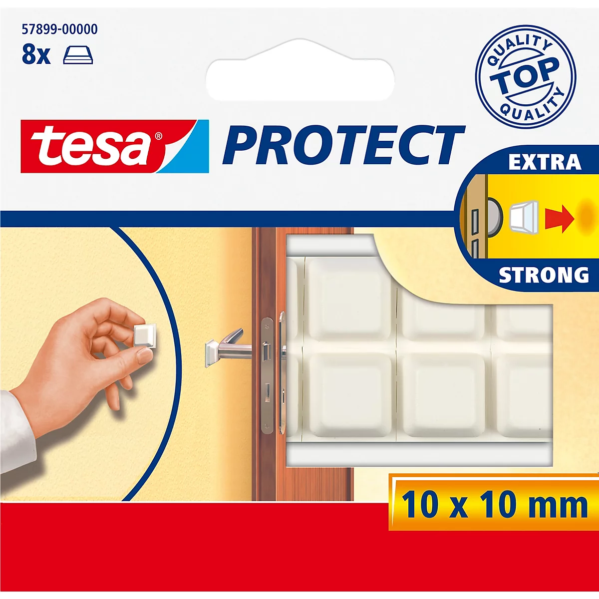 Produktverpackung mit acht weißen Quadraten, zeigt die Anwendung an einer Tür.