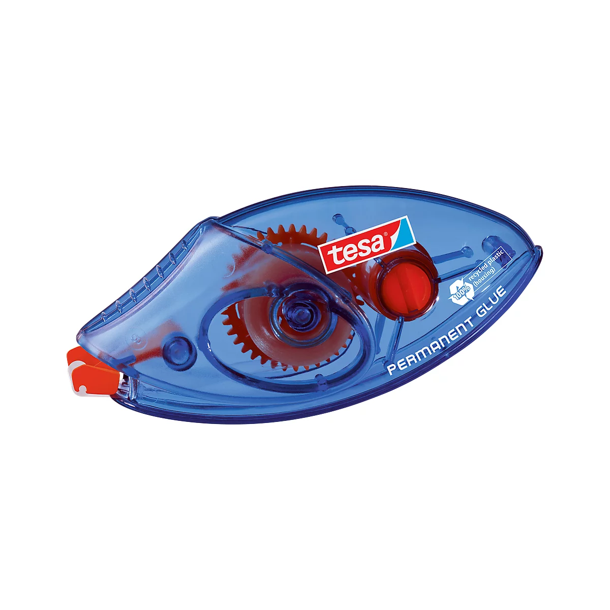 Blue-transparent tesa Permanent Glue adhesive roller, red interior, white lettering. Inscription "Permanent Glue".