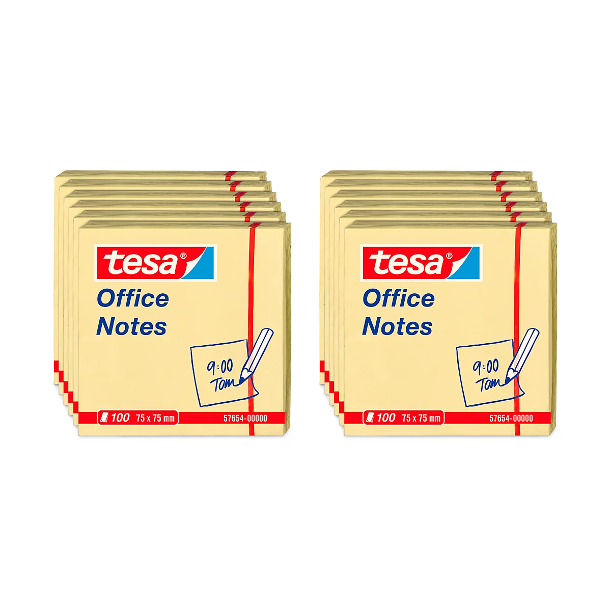 Two stacks of yellow sticky notes from the brand tesa. Printed: "Office Notes", note with pen and time, as well as product information.