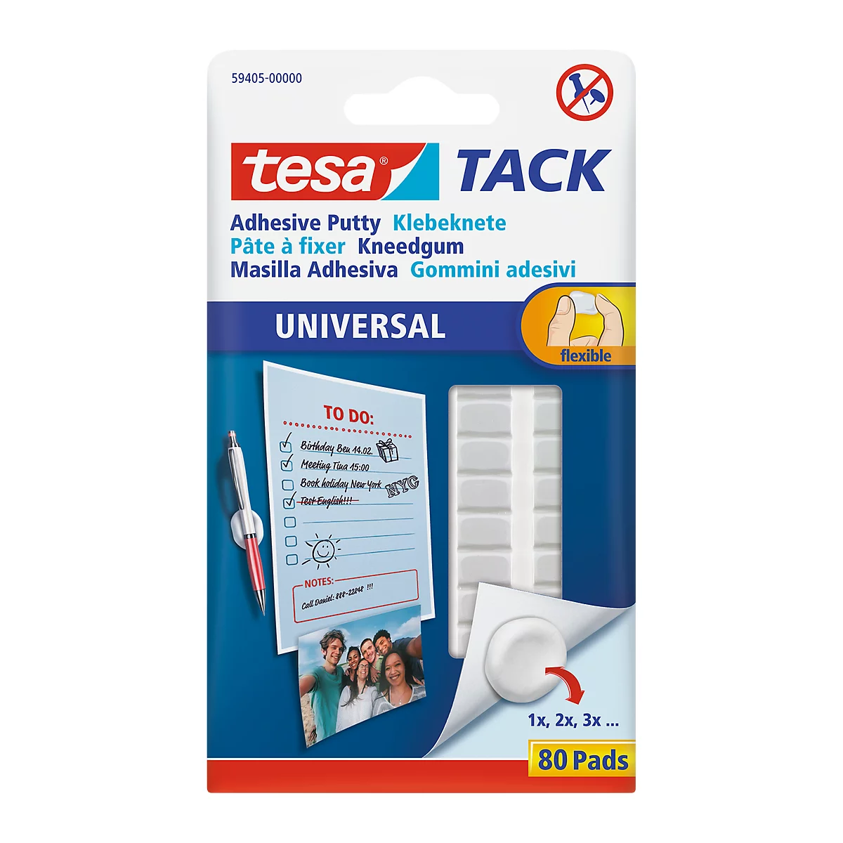 Package of Tesa Tack adhesive putty. A white product holding a notepad, photo, and pen.