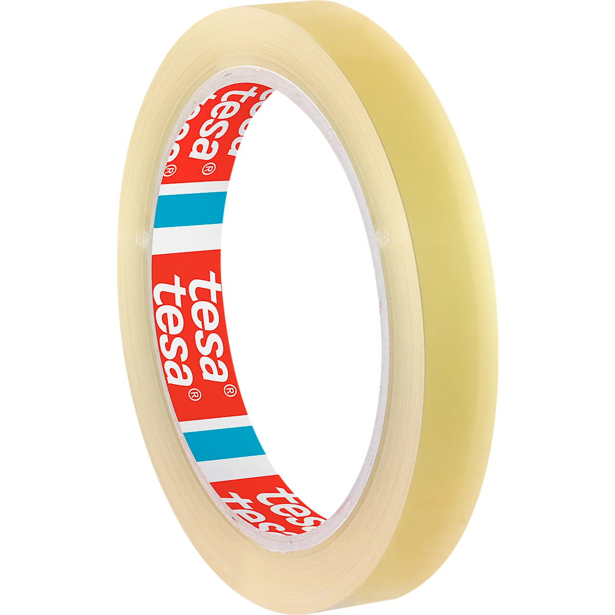 A roll of transparent adhesive tape from the Tesa brand. The core is printed in red and blue. The tape is slightly transparent.