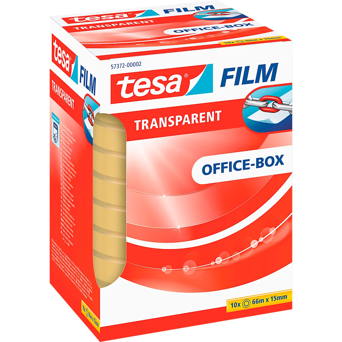 Tesa Film Office-Box with transparent tape, red background with white elements, brand logo and product name.