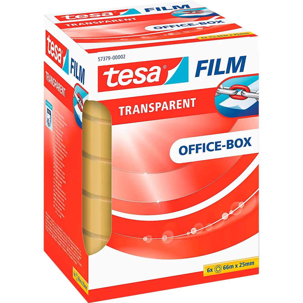 Tesa transparent film tape box with product information visible. The product is visible inside the box.