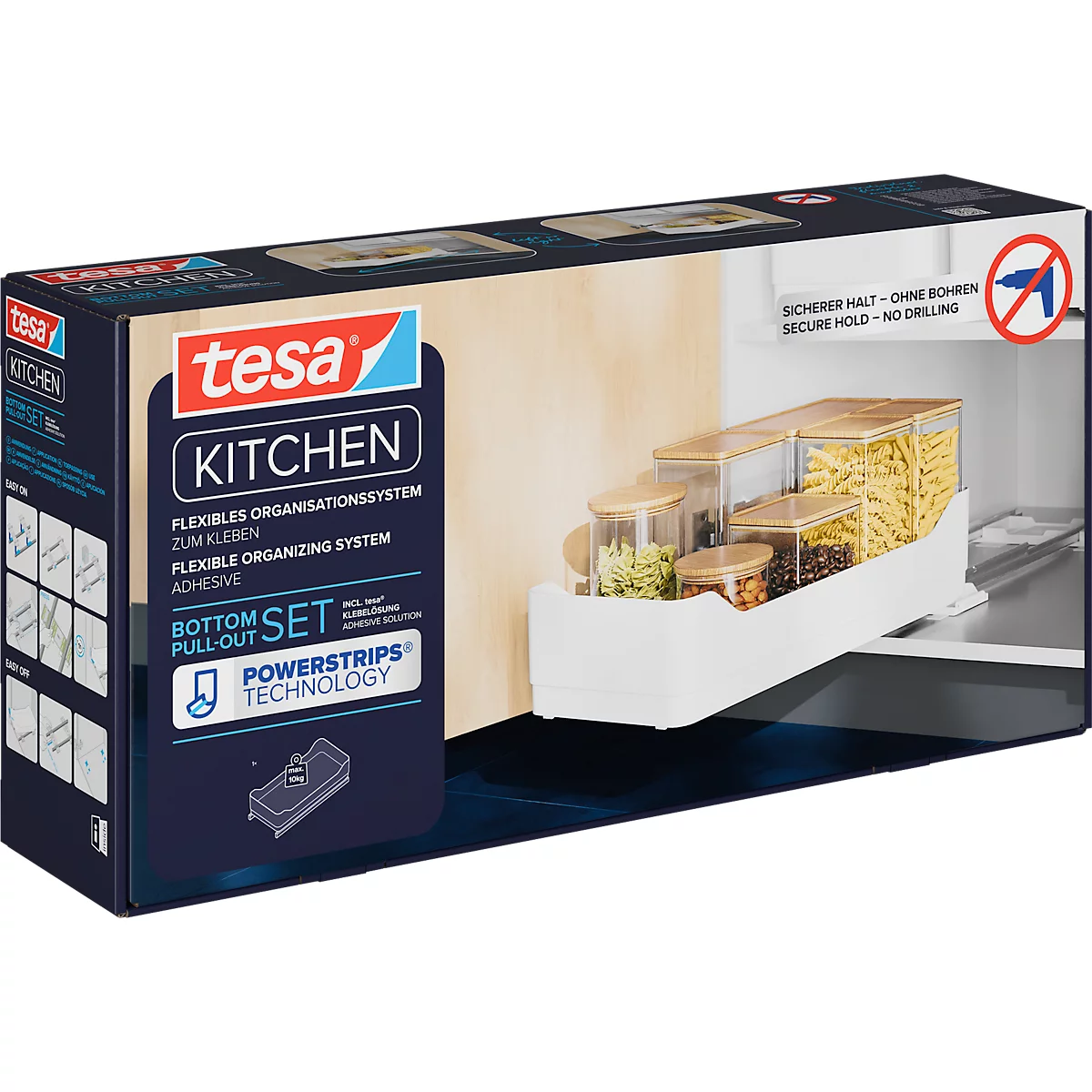 Tesa Kitchen Bottom Set: Schubladensystem mit Gläsern und Nudeln in einer Küche.