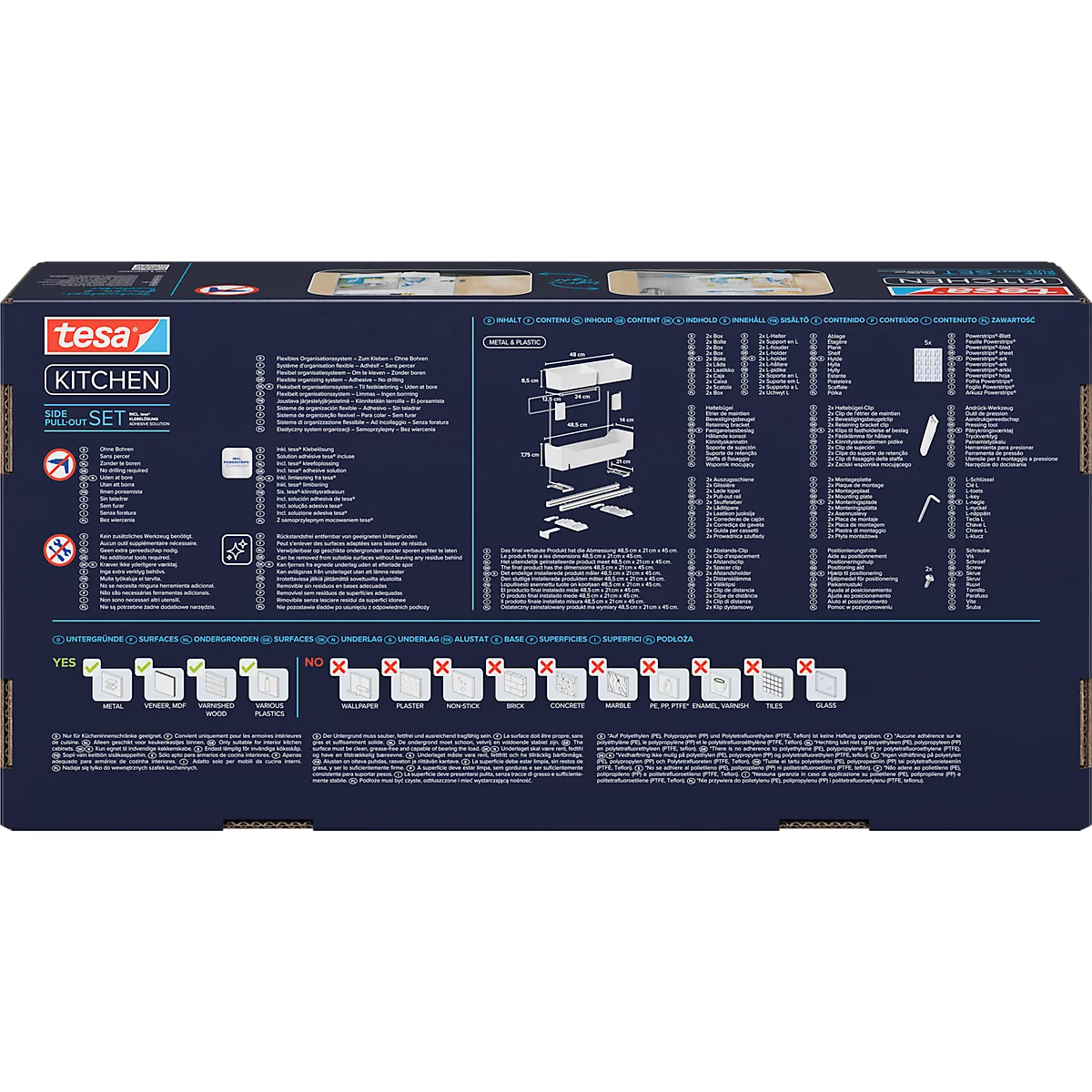 Rückseite einer Tesa-Küchenbox mit Text und grafischen Darstellungen. Enthält Anweisungen, Zutaten und Produktinformationen.