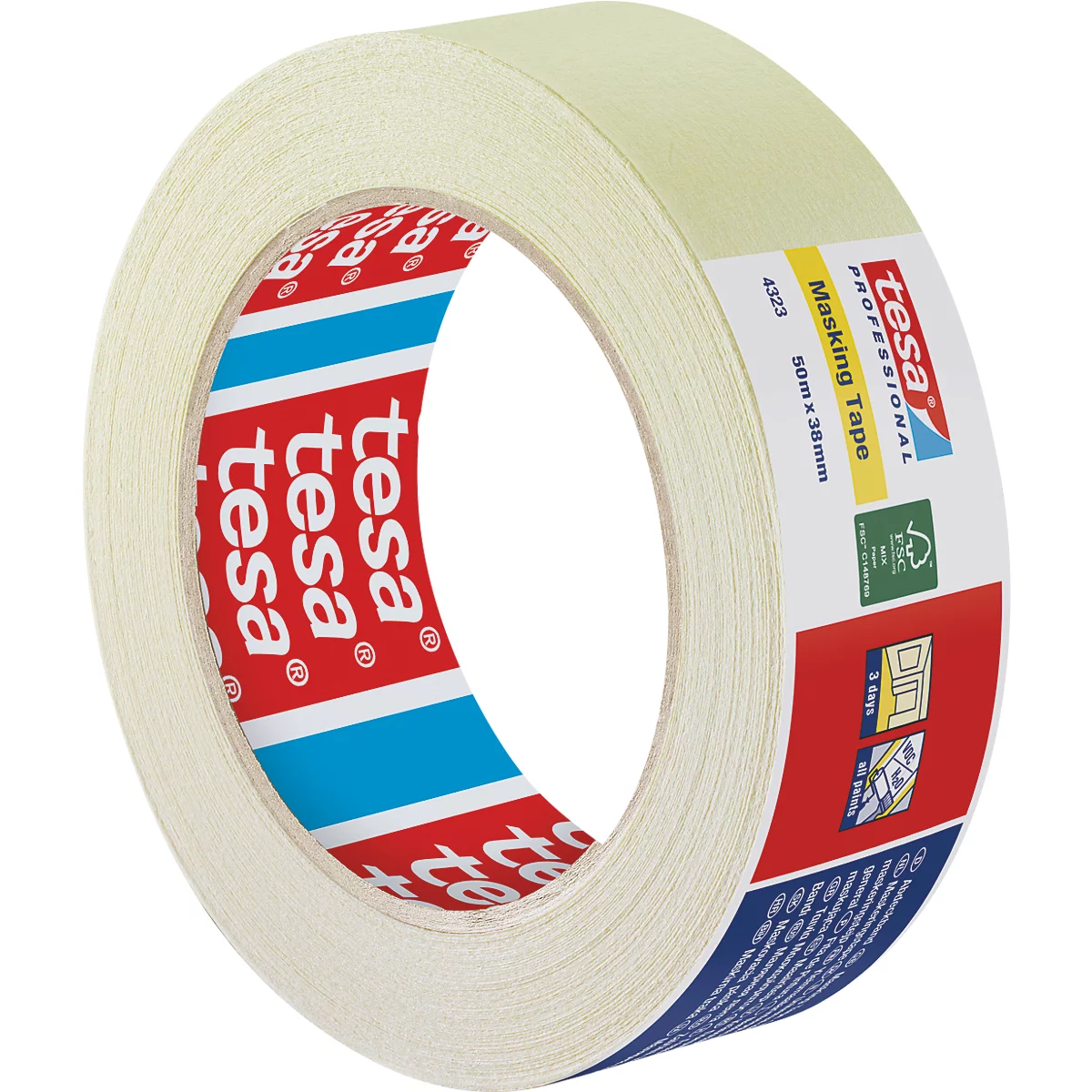 Beige afplakbandrol, gedeeltelijk afgerold, met rode en blauwe binnenopdruk. "tesa Professional Masking Tape" is te zien op het label.