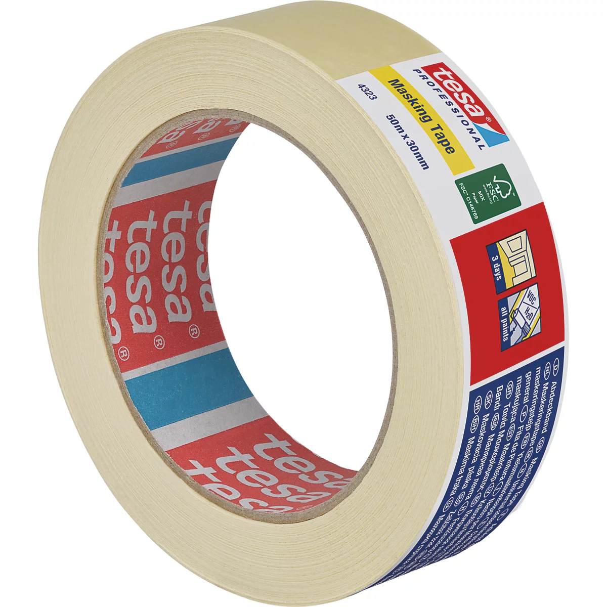 Beige Tesafilm Rolle, Aufschrift "Masking Tape", Detailansicht.