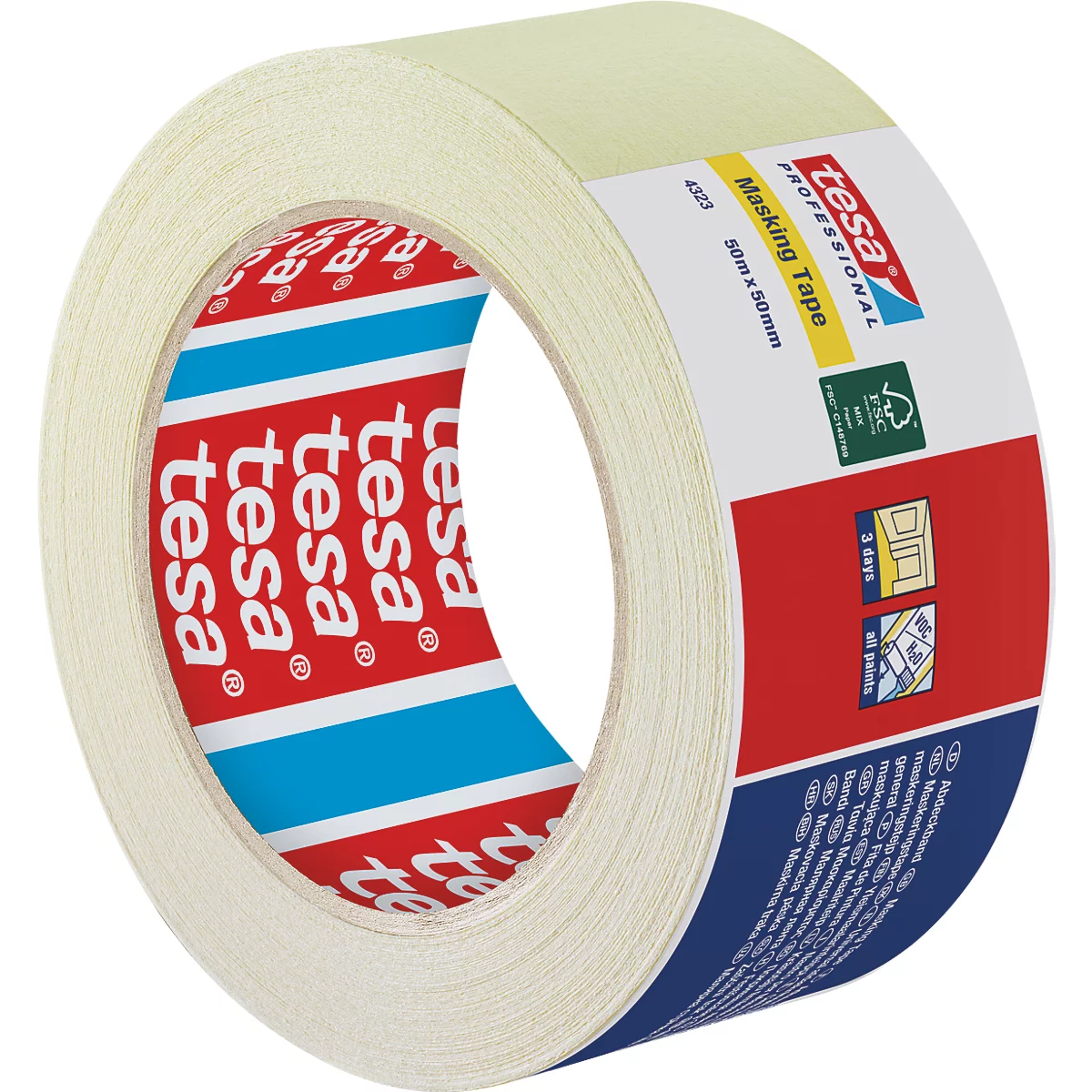 Beige Abdeckbandrolle von tesa. Auf der Rolle steht Masking Tape, 50mx50mm. Rot-blaue Logos.