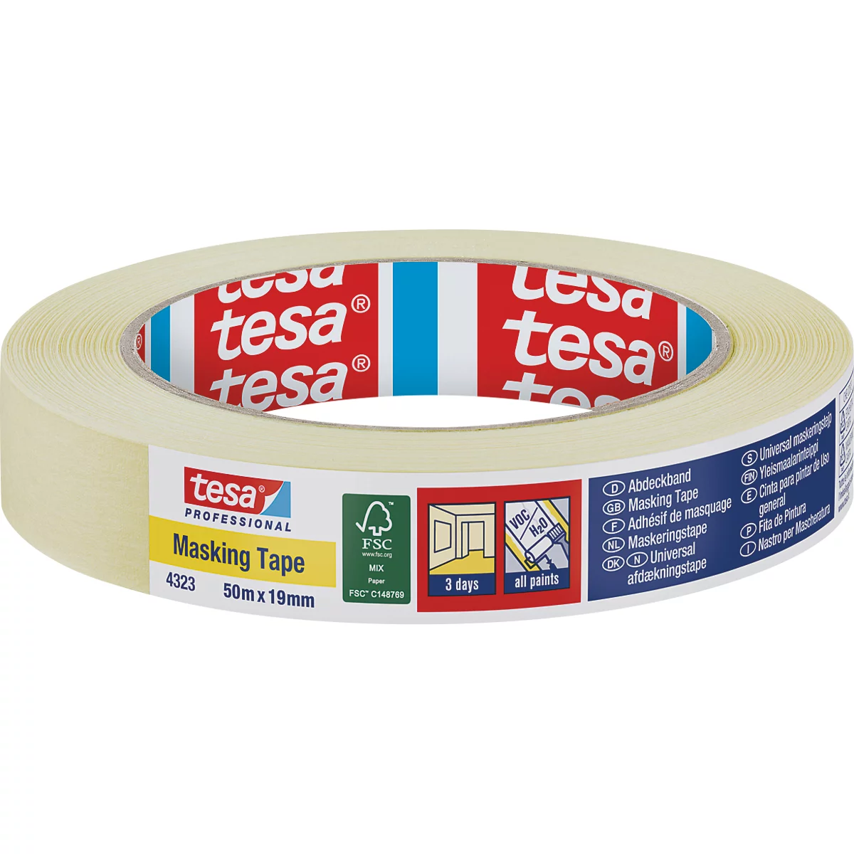 Gros plan sur un rouleau de ruban de masquage Tesa. Les mots Masking Tape sont visibles sur le ruban jaune pâle.