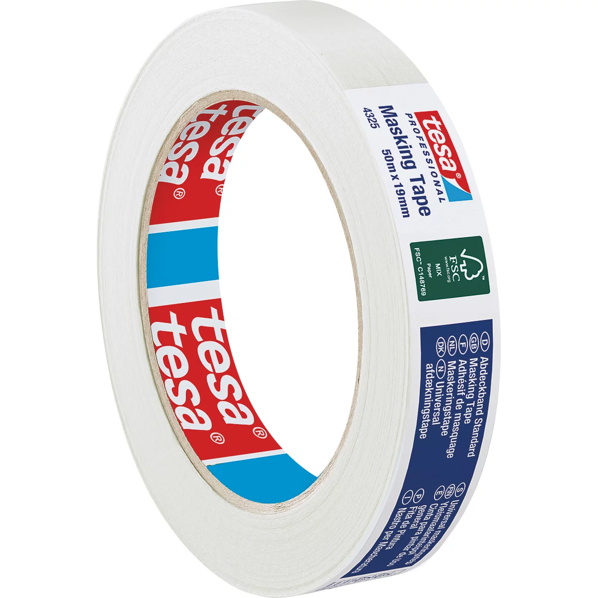 Close-up van een rol witte tesa maskeertape. Logo's en productinformatie staan op de rol.