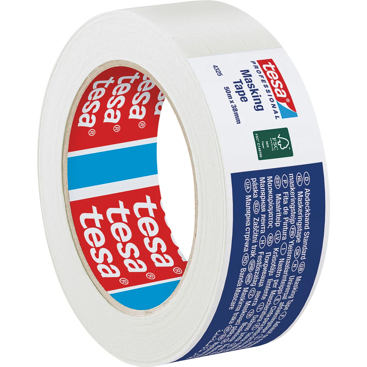 Close-up van een rol witte schilderstape met het "tesa" logo en productinformatie.