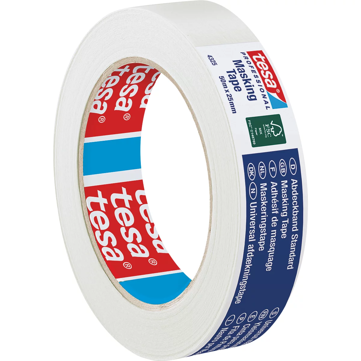 Tesafilm-Abdeckband, weiß, mit rotem und blauem Aufdruck. Aufschrift: Masking Tape, 50m x 25mm.