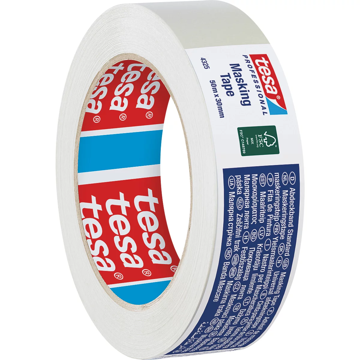 Nahaufnahme einer Rolle weißem tesa Masking Tape. Auf dem Etikett steht "Masking Tape", sowie der Markenname "tesa".