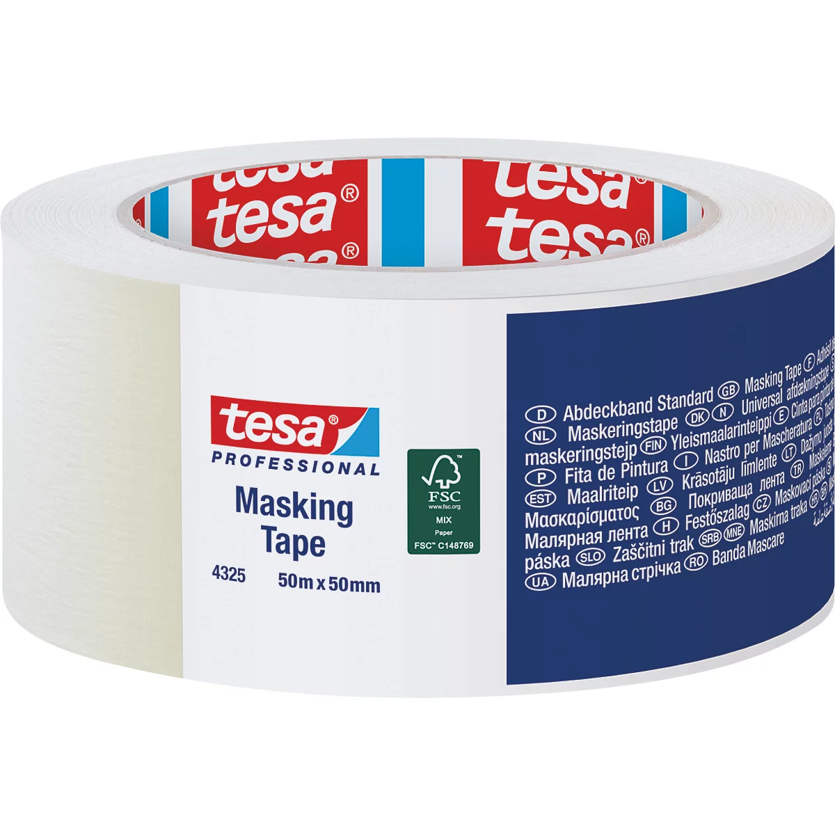 Tesafilm-Abdeckband, weißes Klebeband mit blauer und roter Beschriftung.