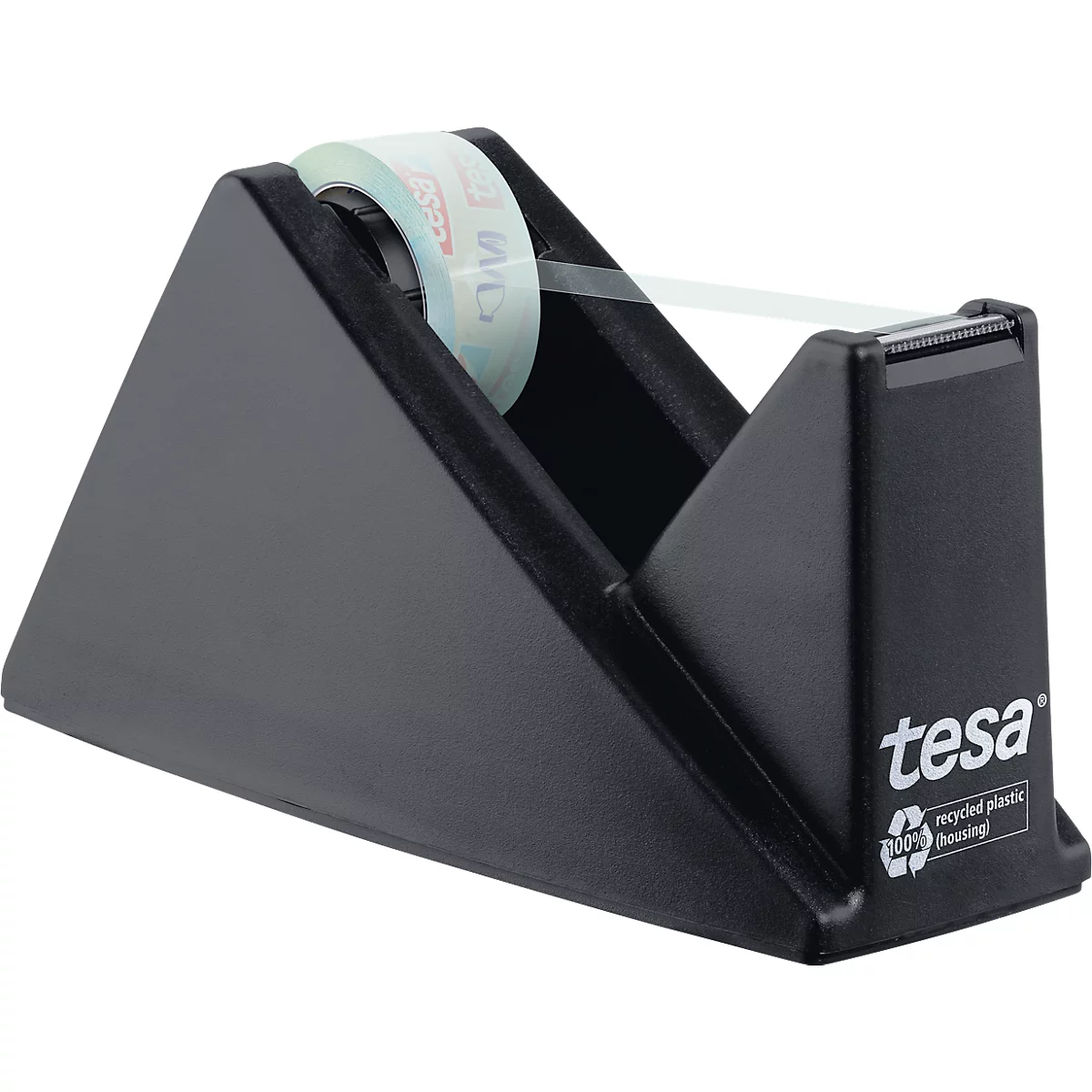 Schwarzer Tesafilm-Abroller mit Tesa-Logo und Rolle Klebeband.
