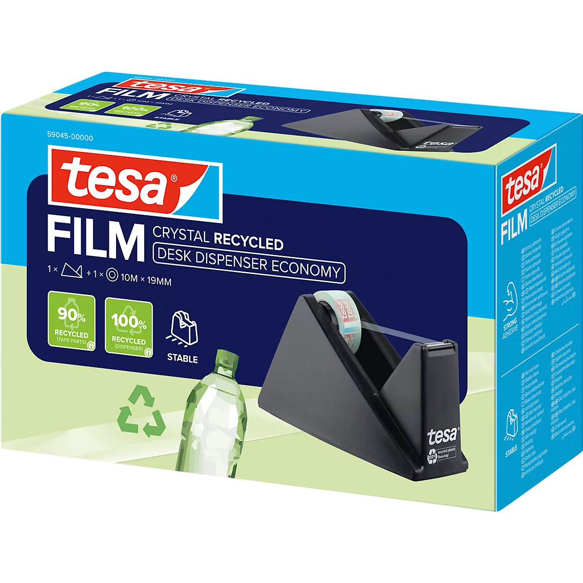 Produktverpackung von tesa Film: blaue Box mit Logo und Produktinformationen, daneben ein schwarzer Tischabroller und Klebebandrolle.