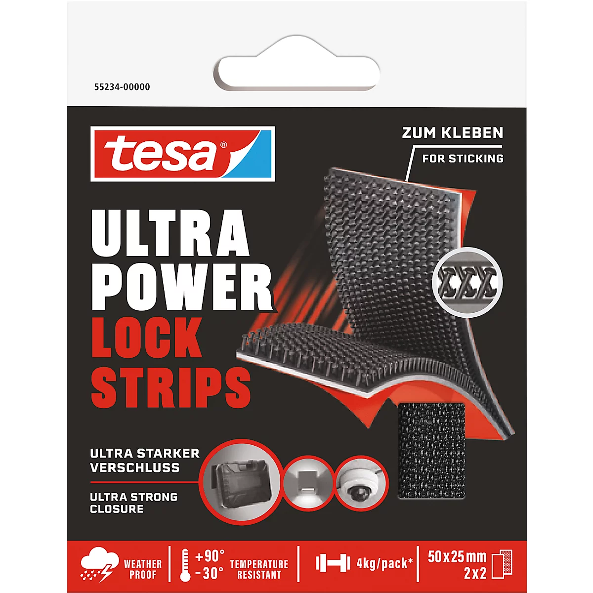 tesa® Ultra Power Lock Stripes noir, 4 bandes de 5 cm, résistant aux intempéries, force de maintien jusqu'à 4 kg