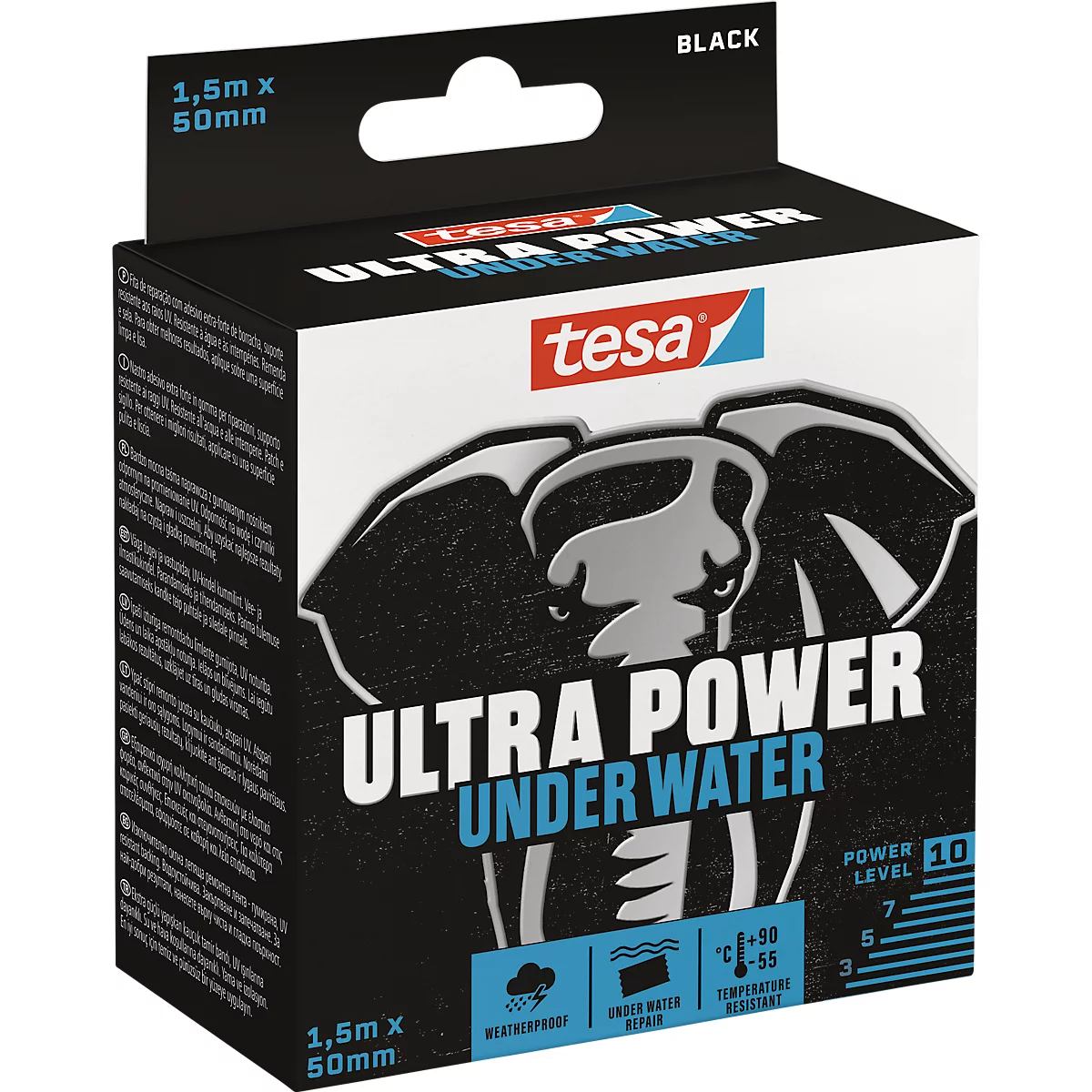 tesa® Ultra Power Under Water montagetape, robuust, waterdicht, temperatuur/weer/UV-bestendig, 1 rol met L 1,5 m x B 50 mm, zwart