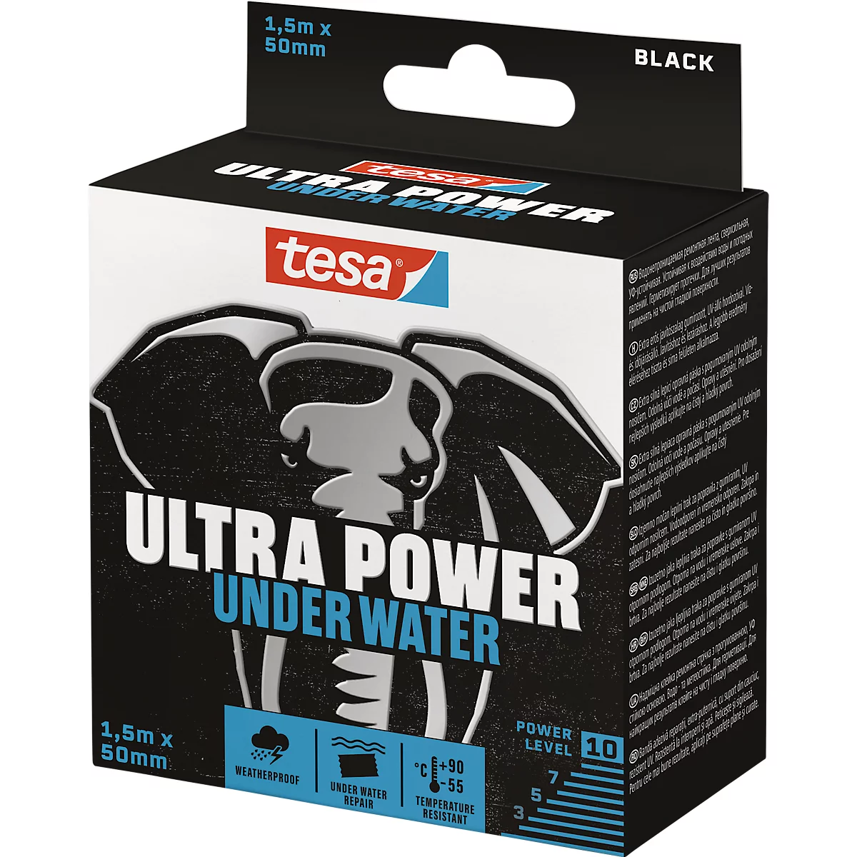 tesa® Ultra Power Under Water montagetape, robuust, waterdicht, temperatuur/weer/UV-bestendig, 1 rol met L 1,5 m x B 50 mm, zwart