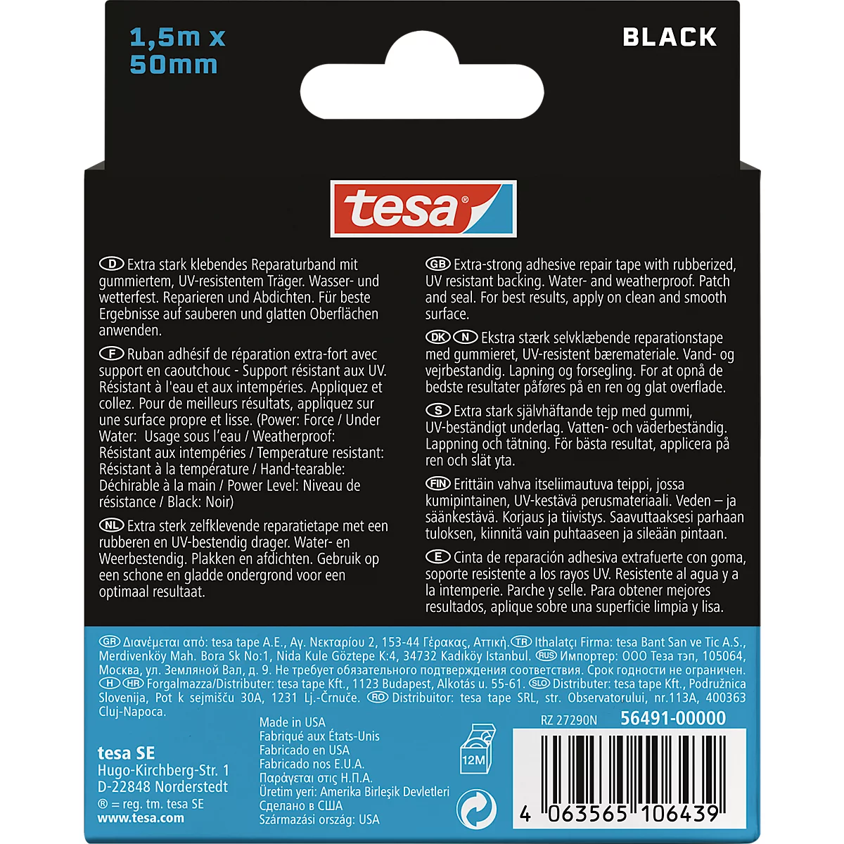 tesa® Ultra Power Under Water montagetape, robuust, waterdicht, temperatuur/weer/UV-bestendig, 1 rol met L 1,5 m x B 50 mm, zwart