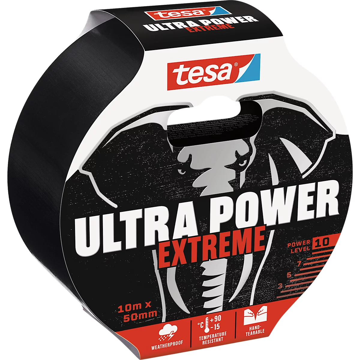 Black tesafilm Ultra Power Extreme adhesive tape, packaging with print.