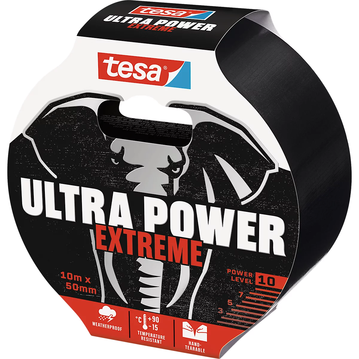 Black tesa Ultra Power Extreme tape. Inscription: Ultra Power Extreme, 10mx50mm, Power Level 10.