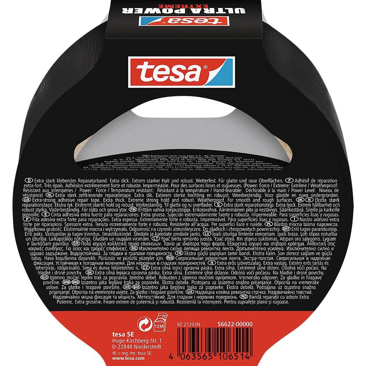 Black adhesive tape in Tesa packaging. Inscription: Tesa Ultra Power Extreme.