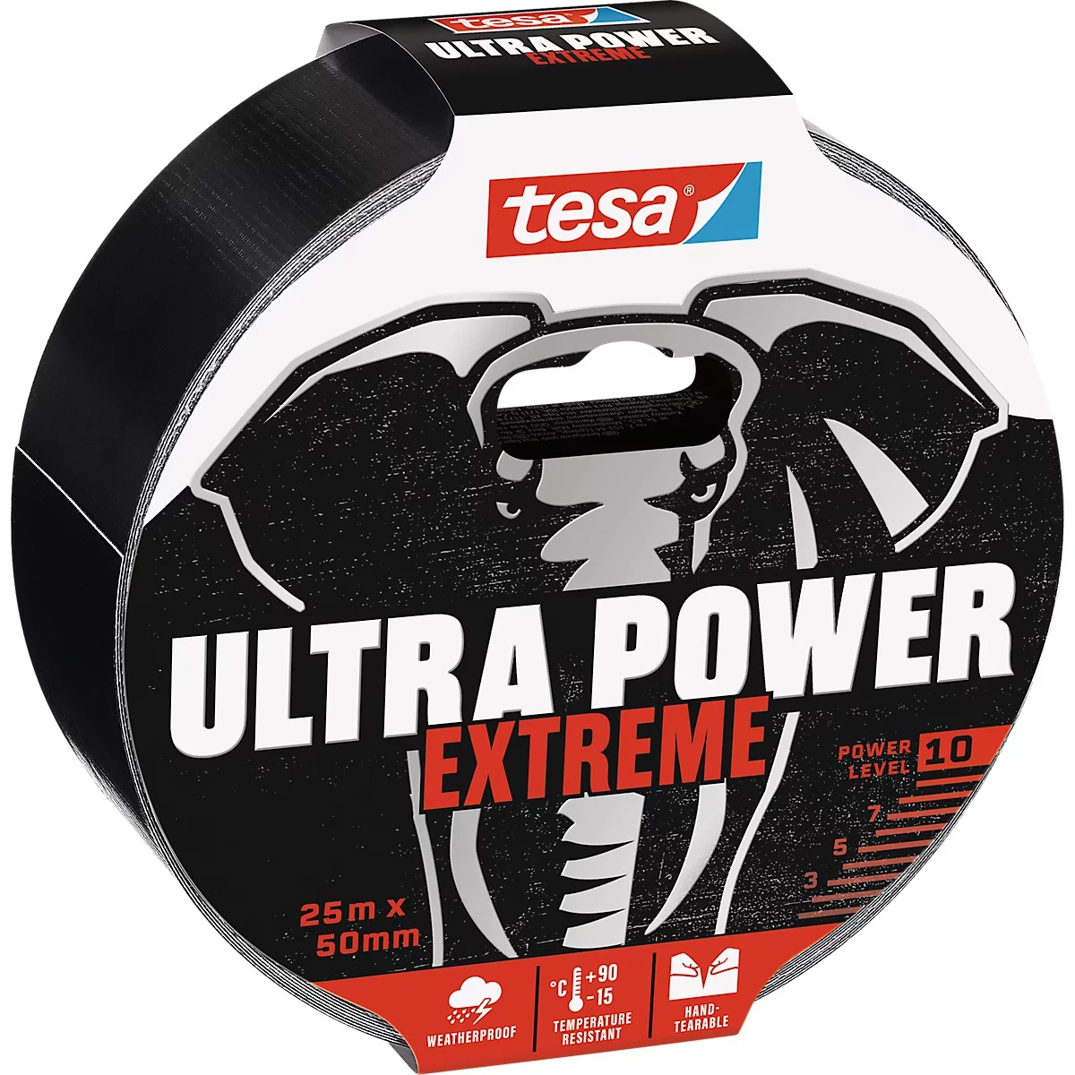 Black tape by Tesa. Printed: Ultra Power Extreme. The tape is weatherproof and temperature resistant.