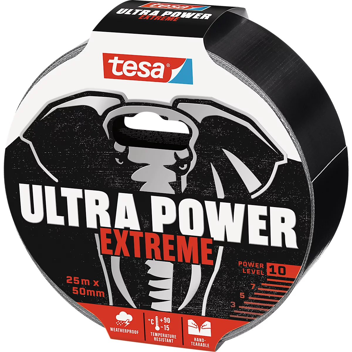 Roll of black tesa Ultra Power Extreme tape with white printing. Text: Ultra Power Extreme, 25m x 50mm, Power Level 10.